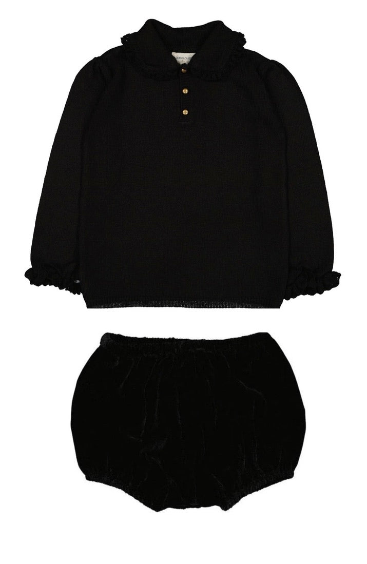 Louis Louise Black Sweater Top with Black Velvet Bloomer Set