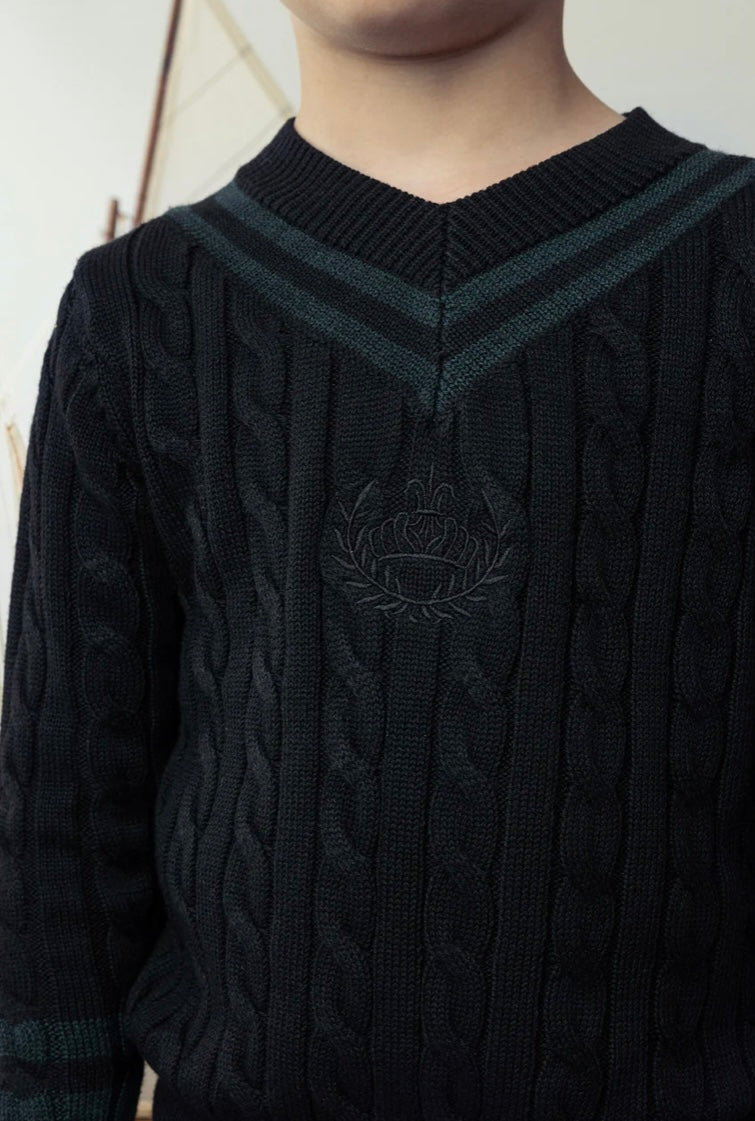 Belati Green Cable V-neck Emblem Knit