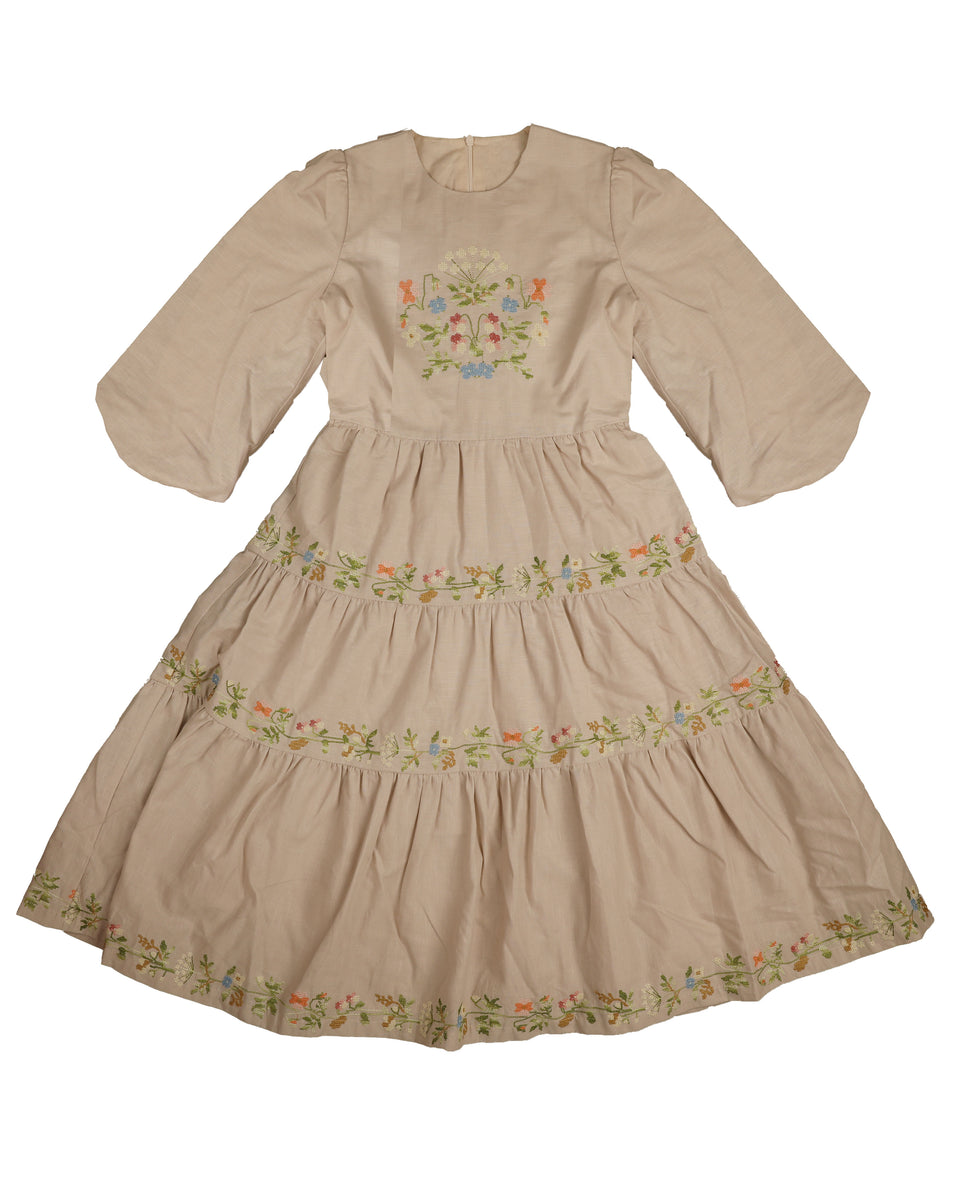 Noma Beige Floral Cross Stitch Embroidery Dress