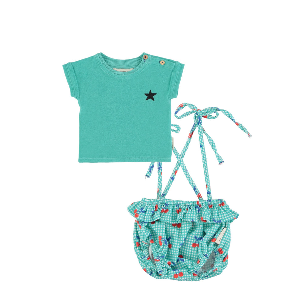 Piupiuchick Turquoise Checkered Bloomer Set with Terry Tee