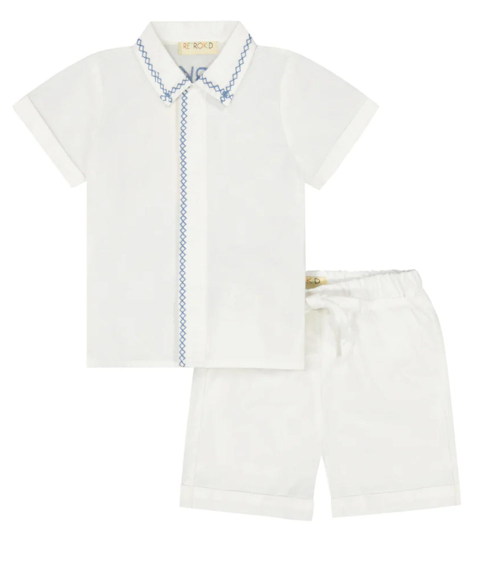 Retrokid White/Blue Collar Shirt w/ Trim Short Pants Set