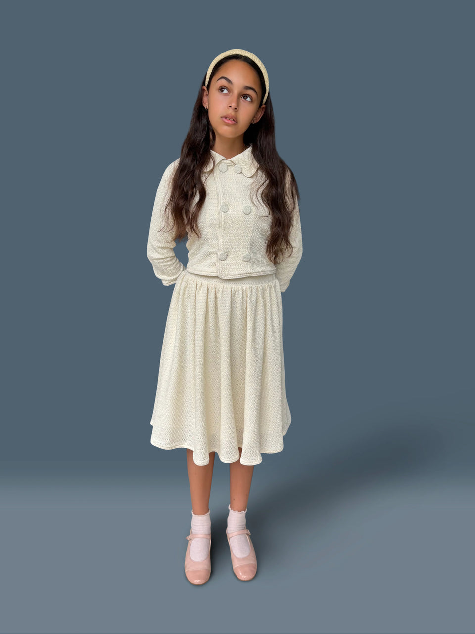 We The Kids Cream Textured Knit Cropped Blazer Set