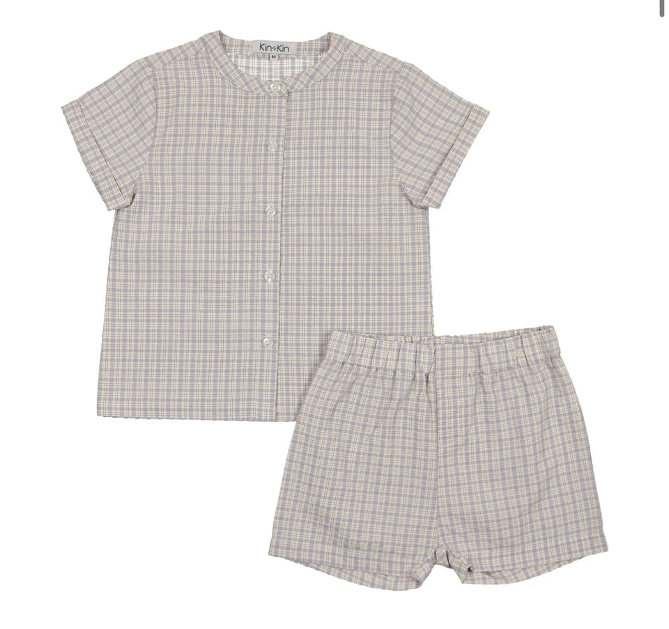 Kin Kin Sky Blue/White Plaid Boys Round Neck Set