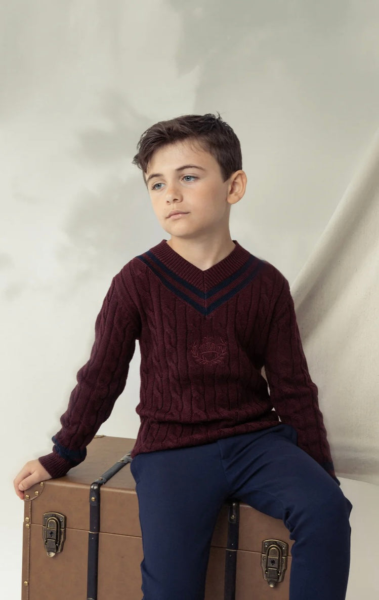 Belati Wine Cable V-neck Emblem Knit