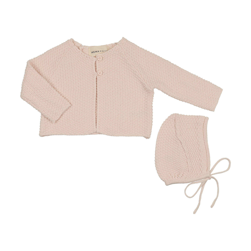 Mema Knits Baby Blush Waffle Knit Cardigan + Bonnet