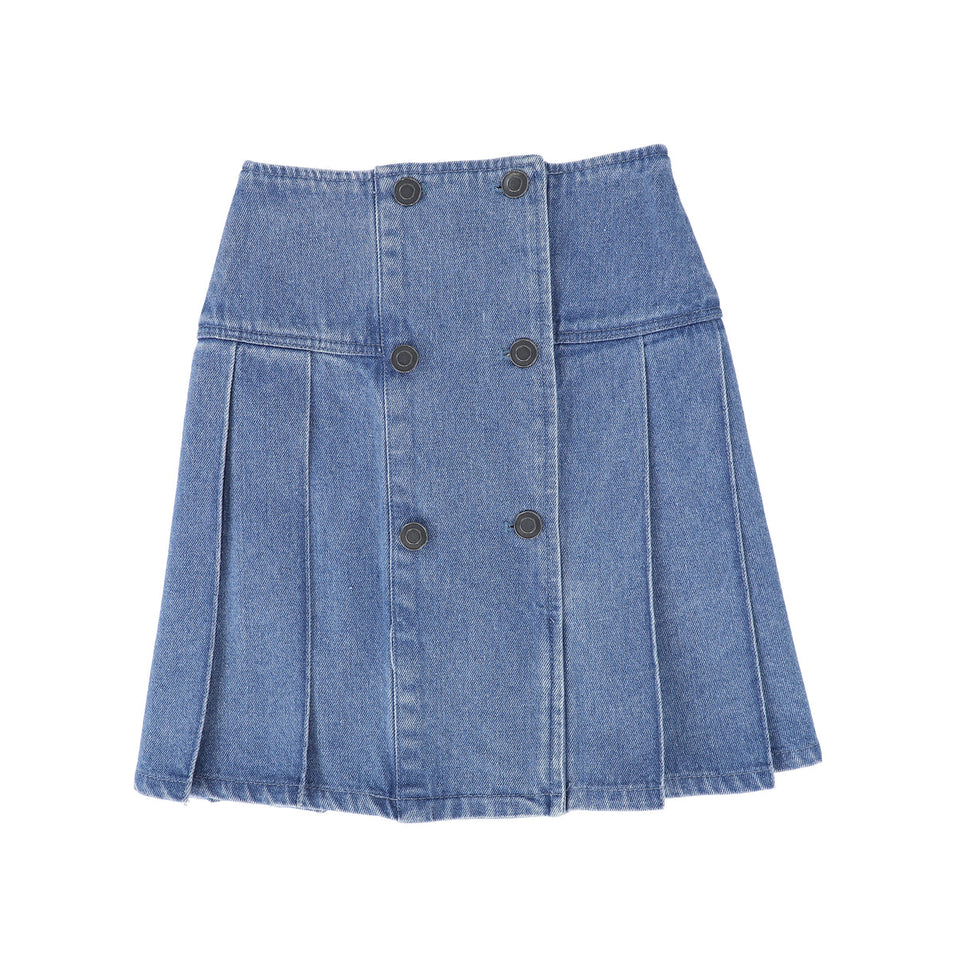 Bamboo Double Breasted Pleated Denim Skirt