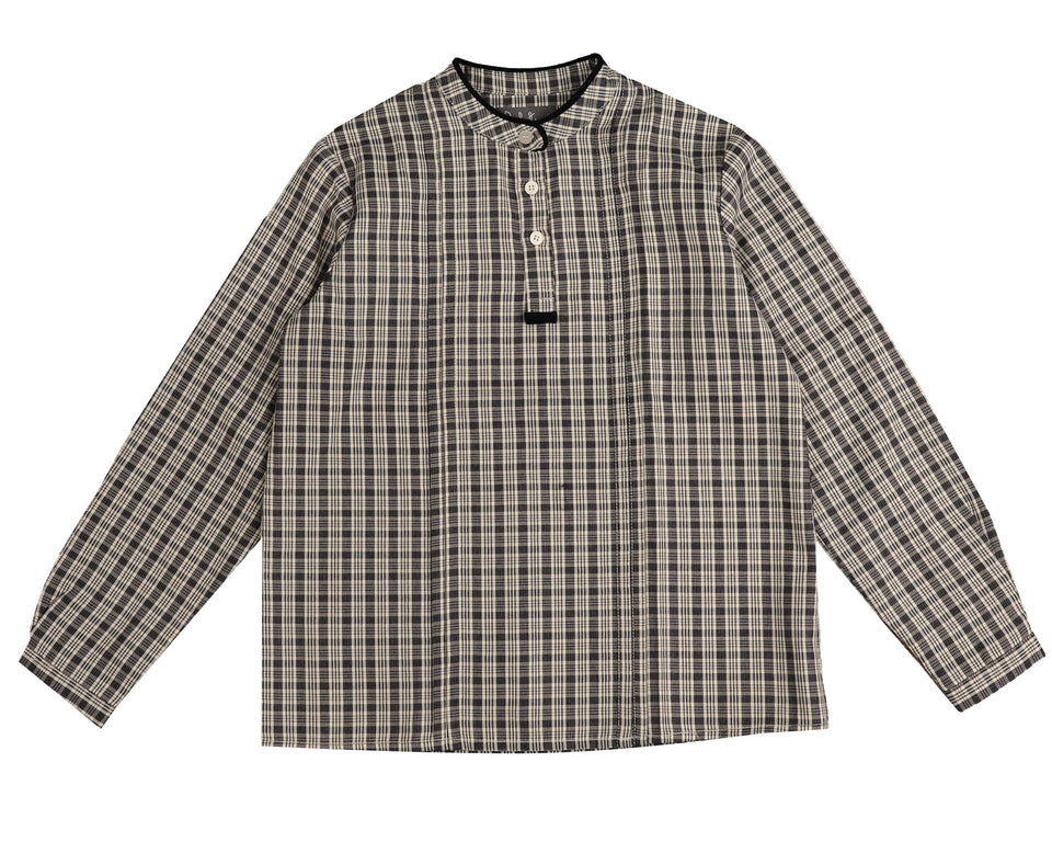 Belati Navy Plaid Mandarin Neck Shirt