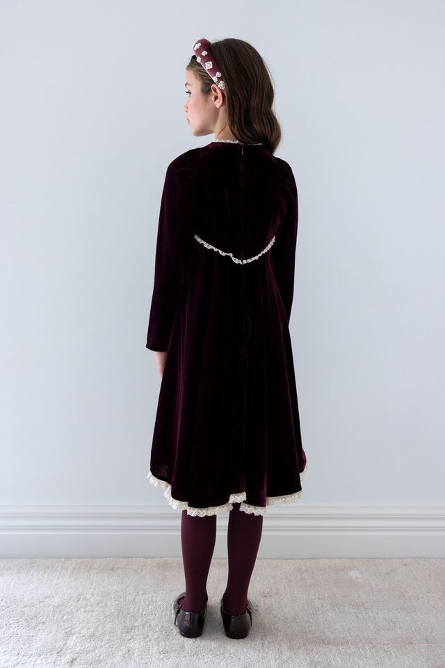 Petite Amalie Blackcurrent/Cream Peep Lace Hem Velvet Dress