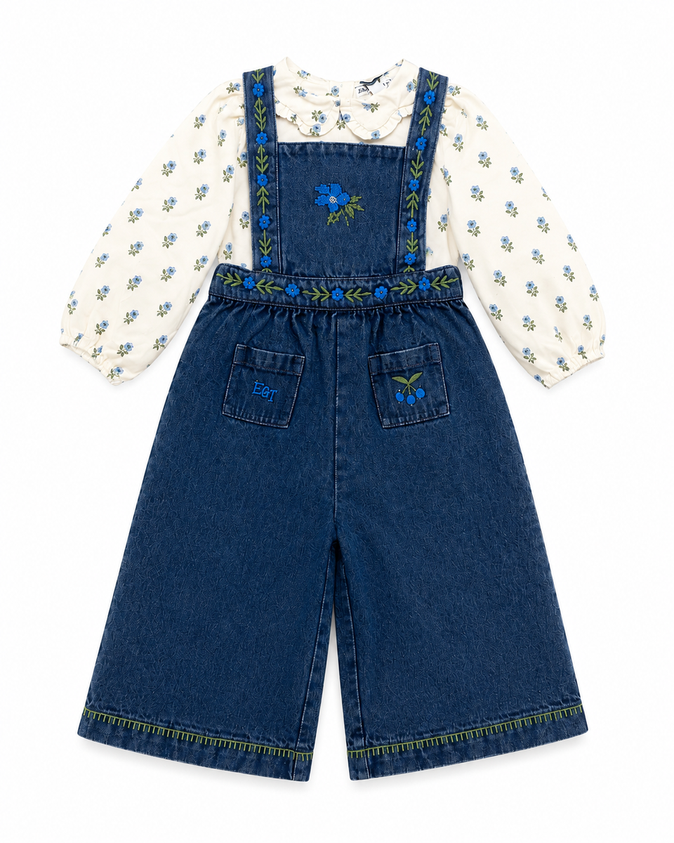 Emile & Ida Denim Long Overall Scallop Blouse Set