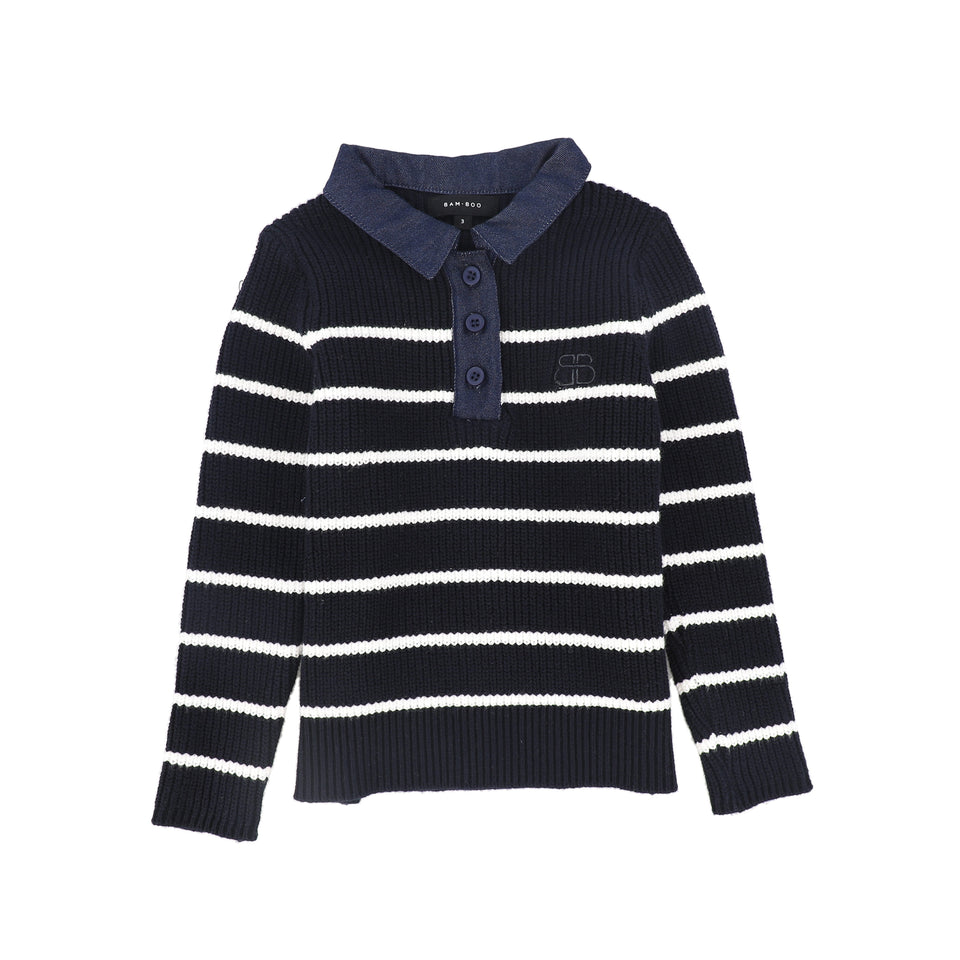 Bamboo Navy Stripe Knit Denim Collar Polo