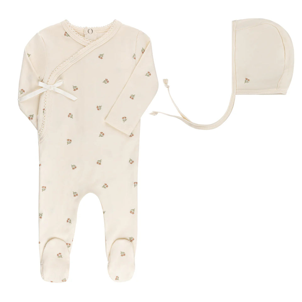Ely’s & Co. Ivory Tulip Embroidered Footie + Beanie