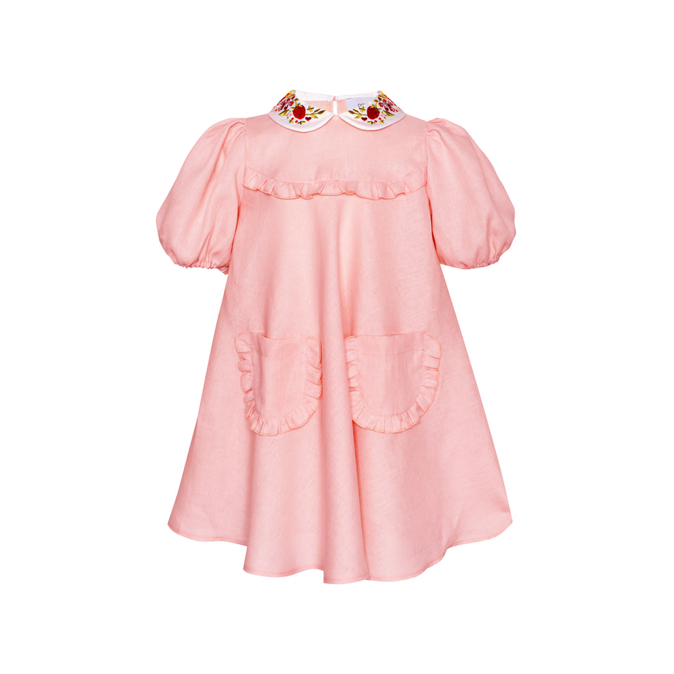 Paade Mode Pink Linen Dress with Embroidered Collar