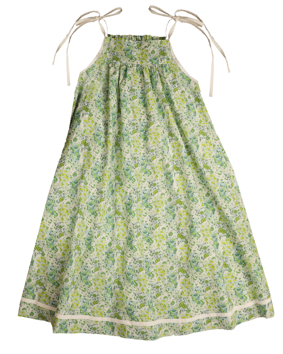 Belati Green Spaghetti Straps Dress with Triple Colors Embroidered Smock