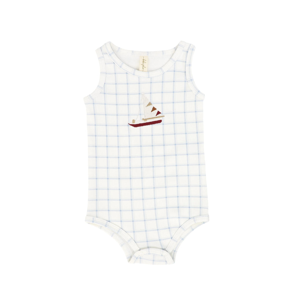Bebe Jolee Blue Checked Sailboat Ribbed Romper