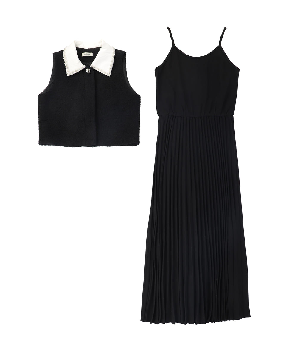 Valentina Black Tweed Collar Vest Dress