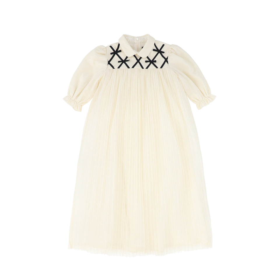 Francesca Guiliano Black/Ivory Grosgrain Lattice Puff Sleeve Dress