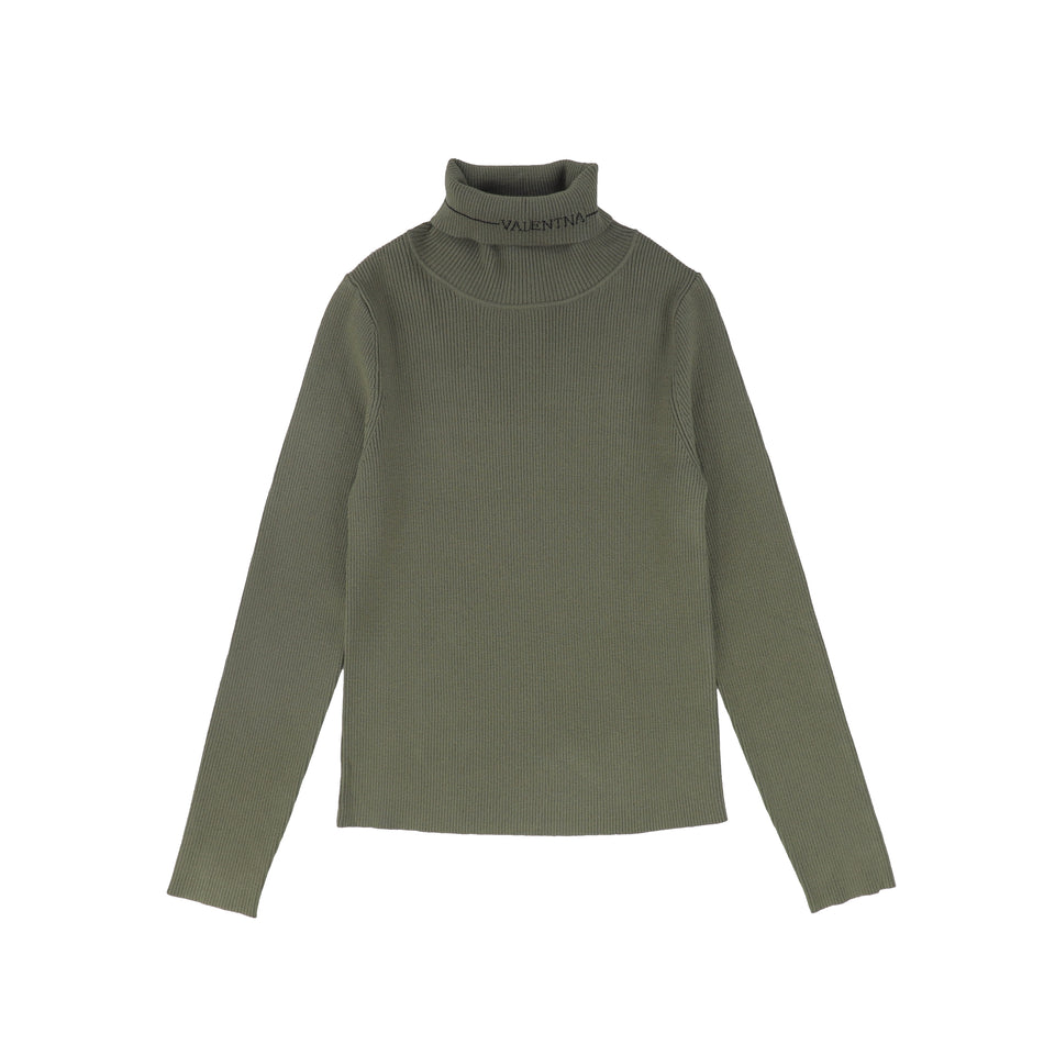 Valentina Green Ribbed Knit Logo Turtleneck