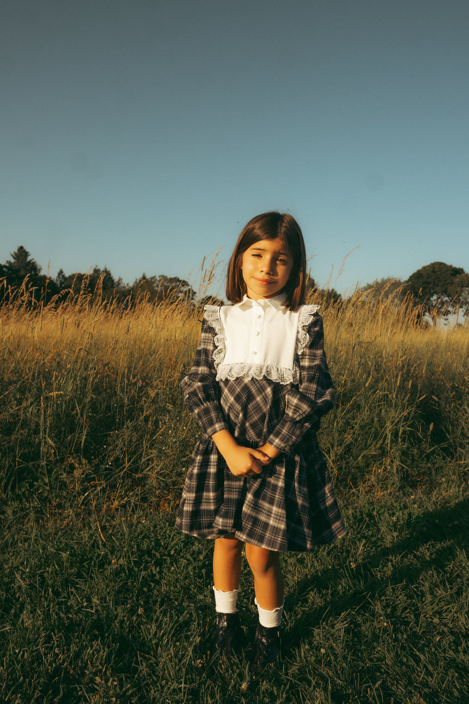 Met Grey Plaid Dress with White Lace Bib