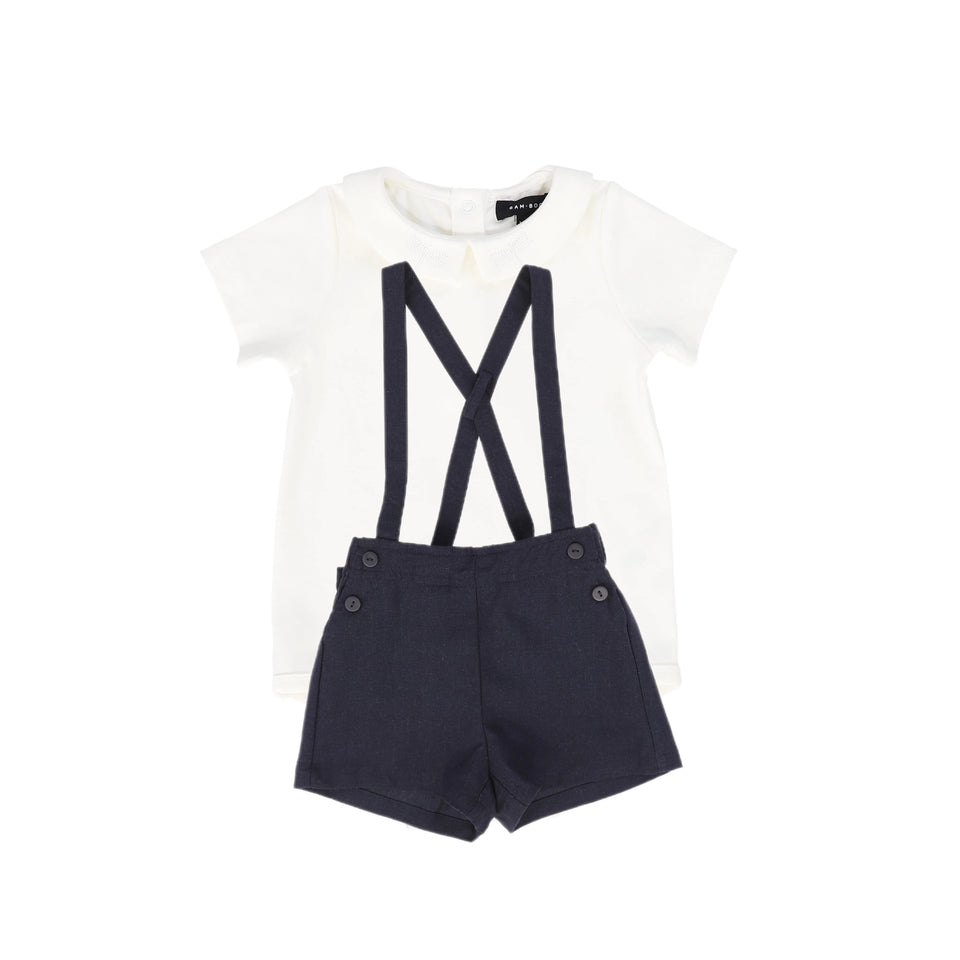 Bamboo  Peter Pan Collar Onesie and Navy Suspender Set