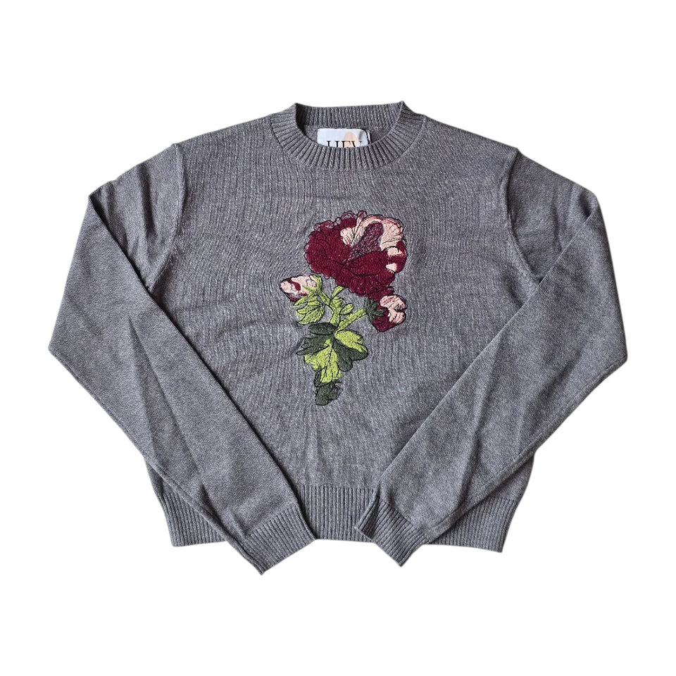 Hev Grey Marled Rose Scribble Embroidery Knit