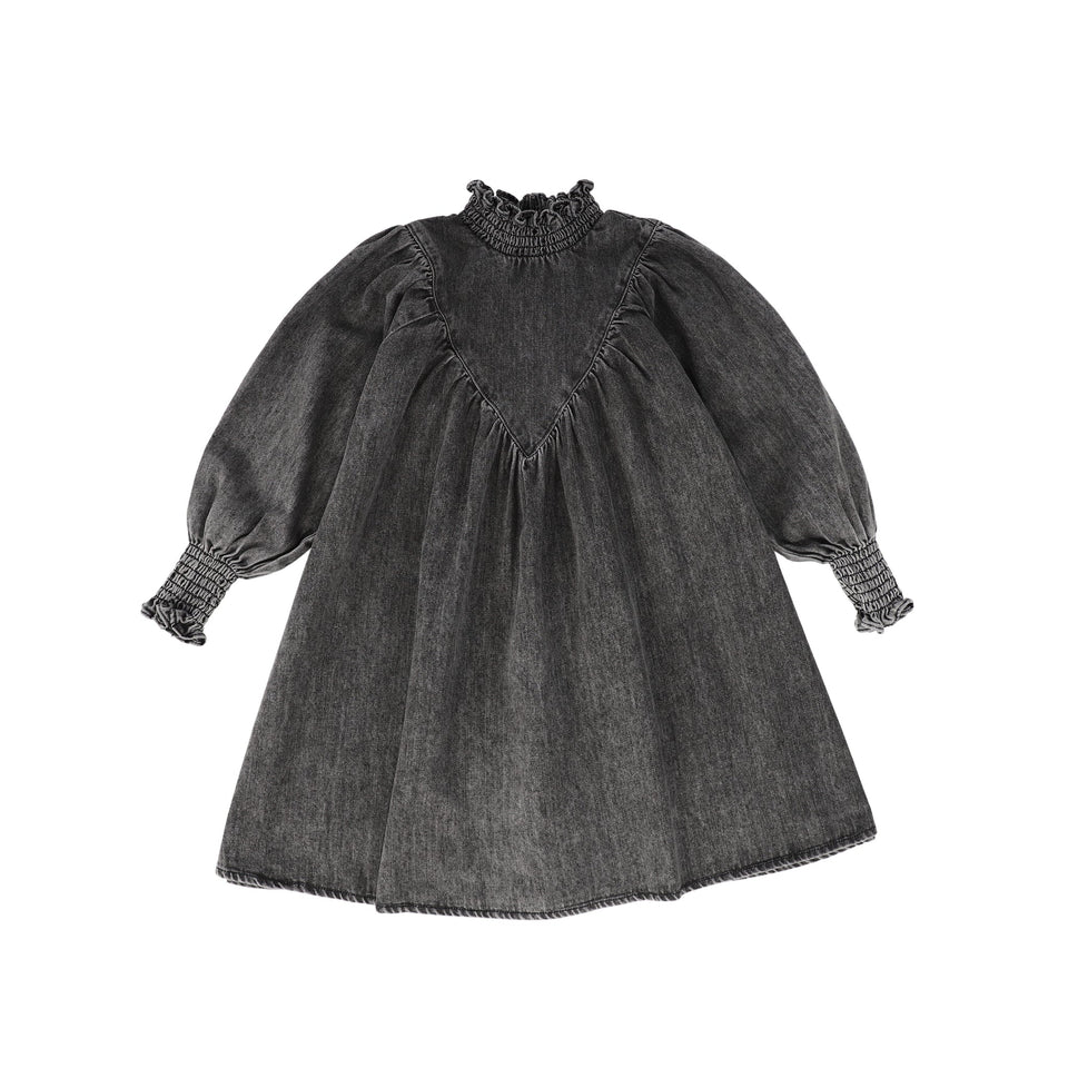 Petite Amalie Black Wash Chambray Shirred Neck Babydoll Dress