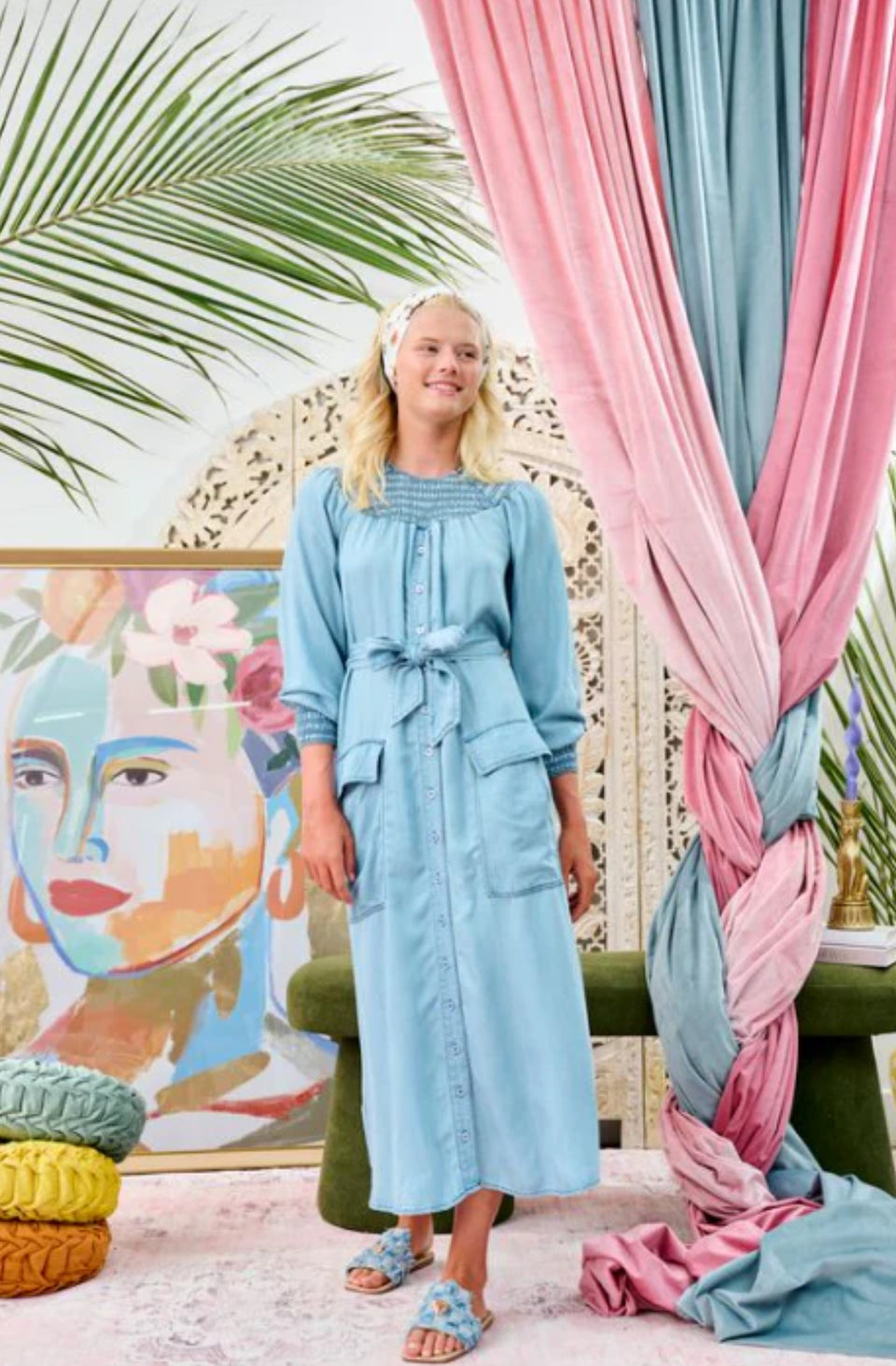 Laurent Denim Button Down Dress w/ Shirred Neckline