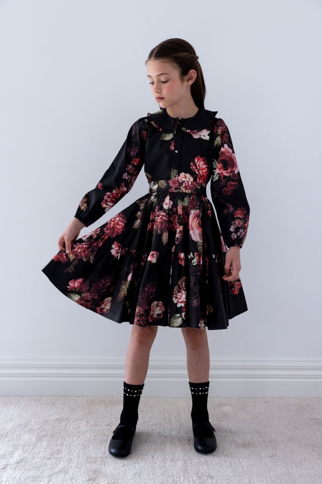 Petite Amalie Black Floral Poplin Skirt