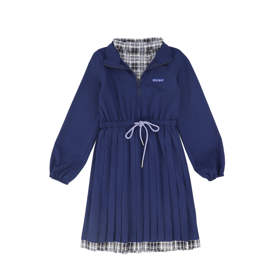Bace Navy Checked Half Zip Pleated Dress