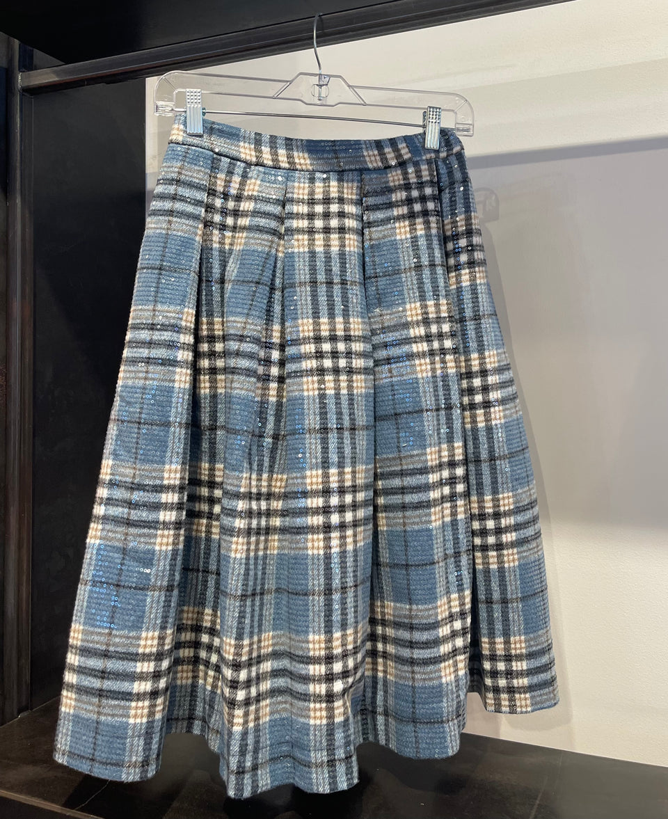 Alapage Sky Blue Tartan Sequin Alissa Long Pleated Skirt