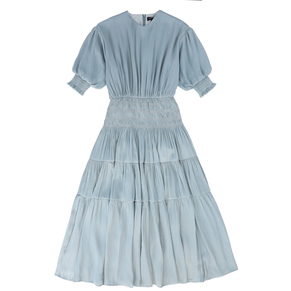 Bamboo Blue Silk Smock Waisted Dress