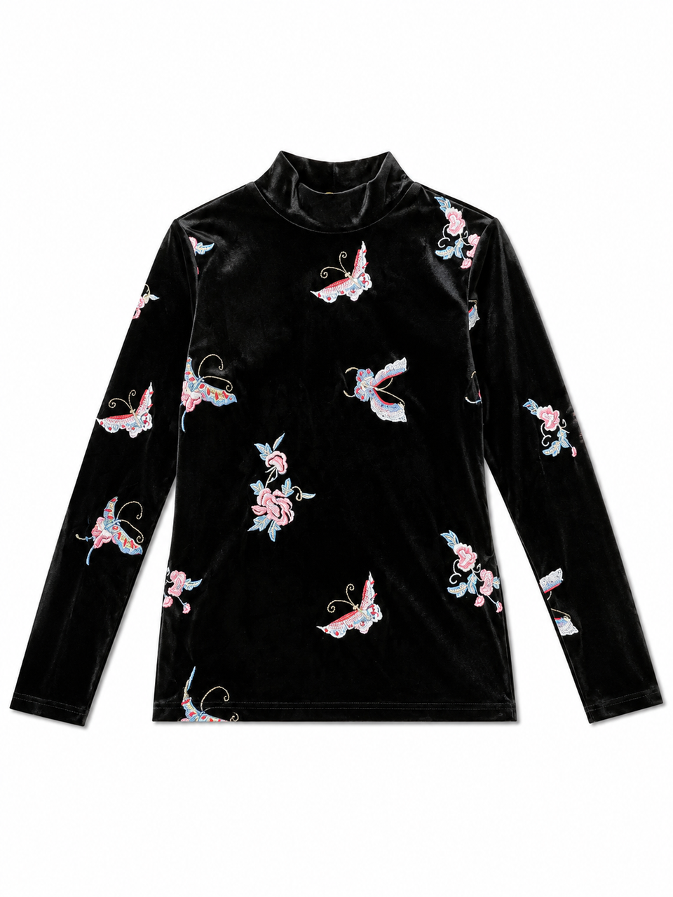 Gold Threads Black Floral Velour Mockneck
