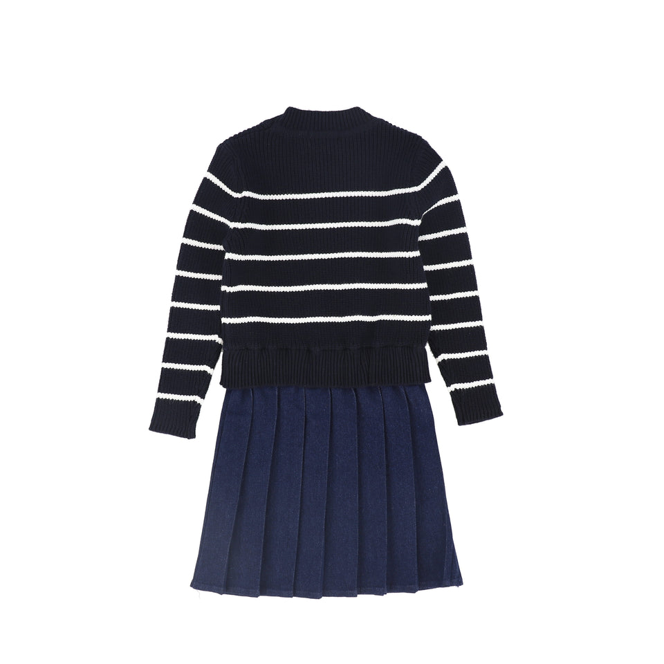Bamboo Navy Striped Pleated Dress