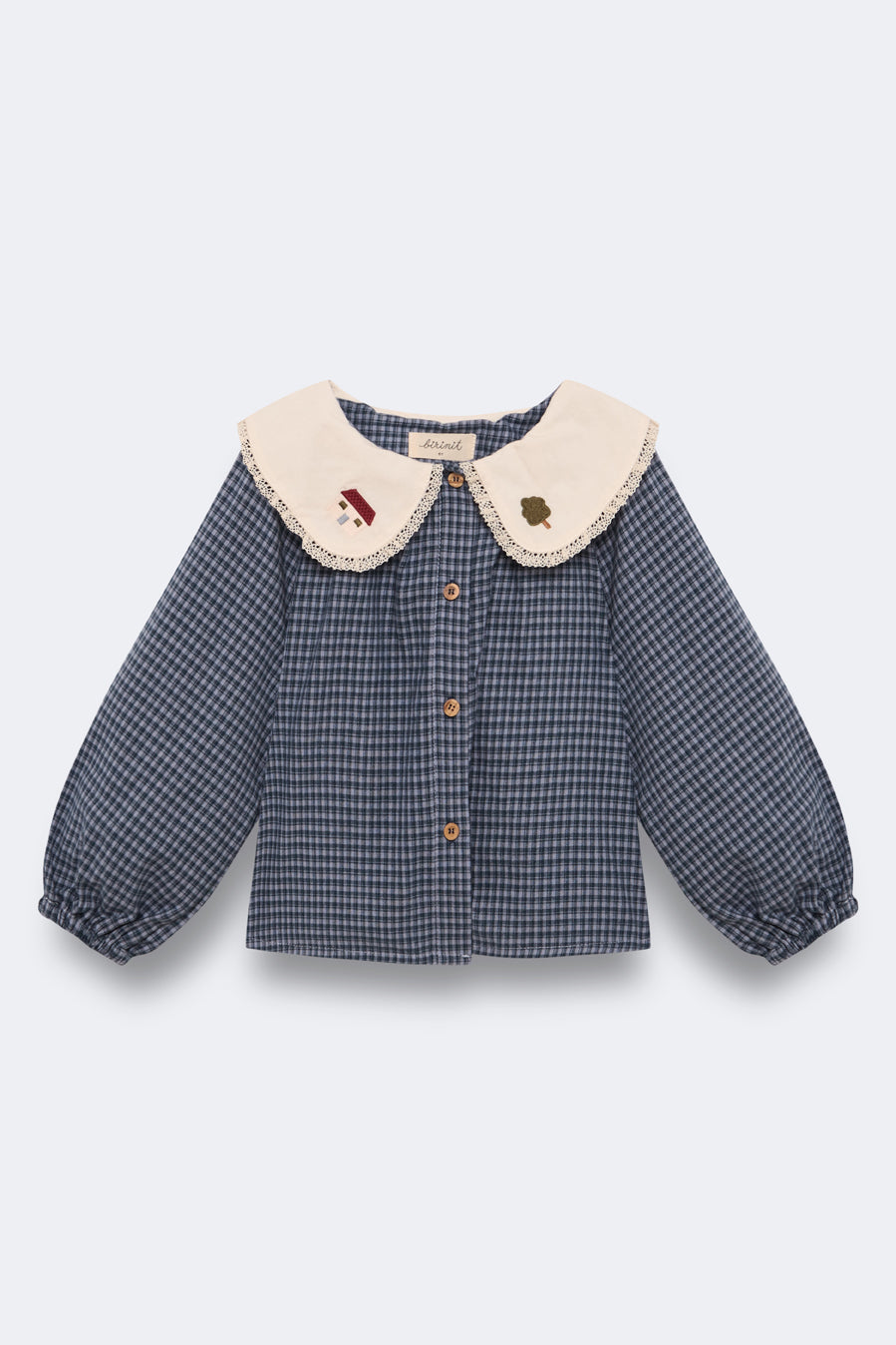 Birinit Indigo Gingham Embroidered Blouse *runs full