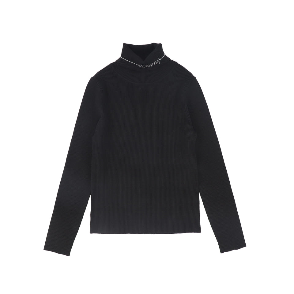 Valentina Black Ribbed Knit Logo Turtleneck