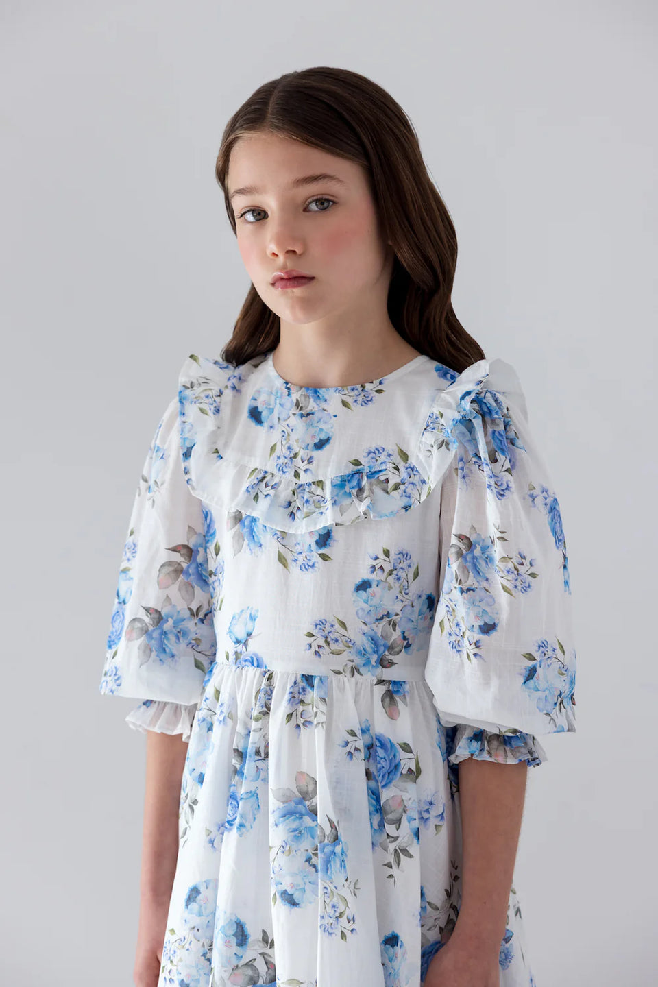 Petite Amalie Blue Roses 3/4 Sleeve Midi Dress