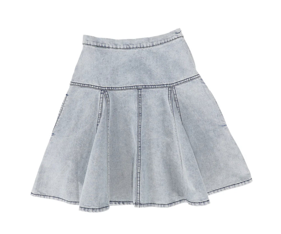 Bamboo Light Blue Flair Denim Panel Skirt