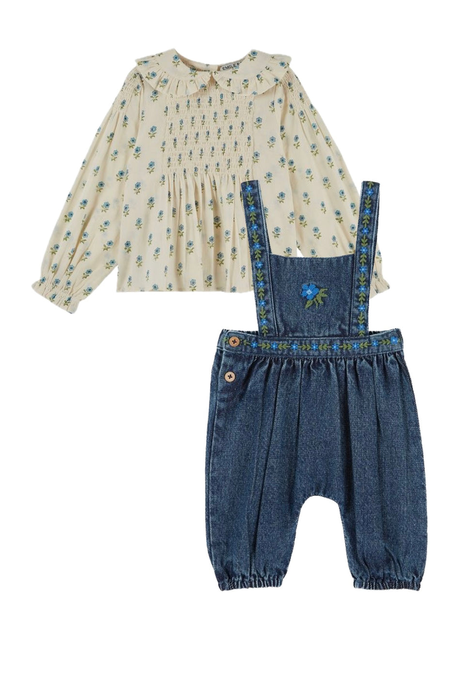Emile & Ida Denim Baby Overall Scallop Blouse Set