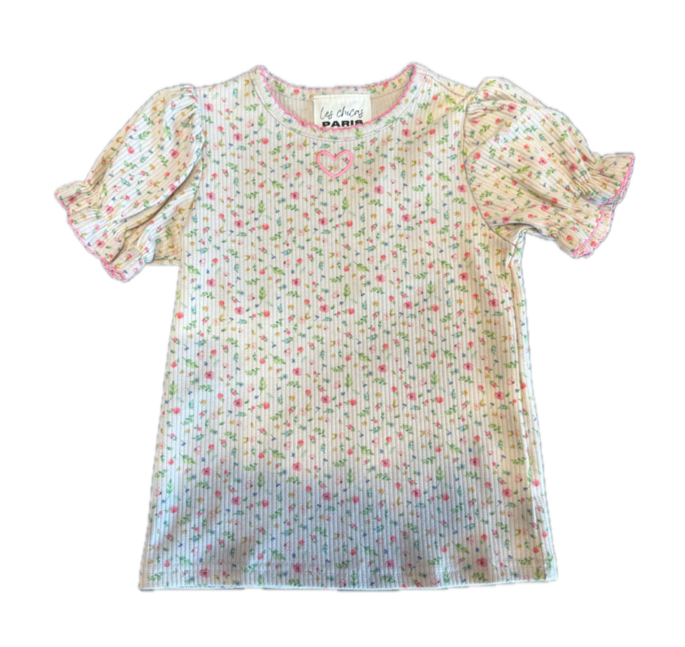 Les Chicas Paris Short Sleeve Beige Floral T-Shirt with Pink Heart