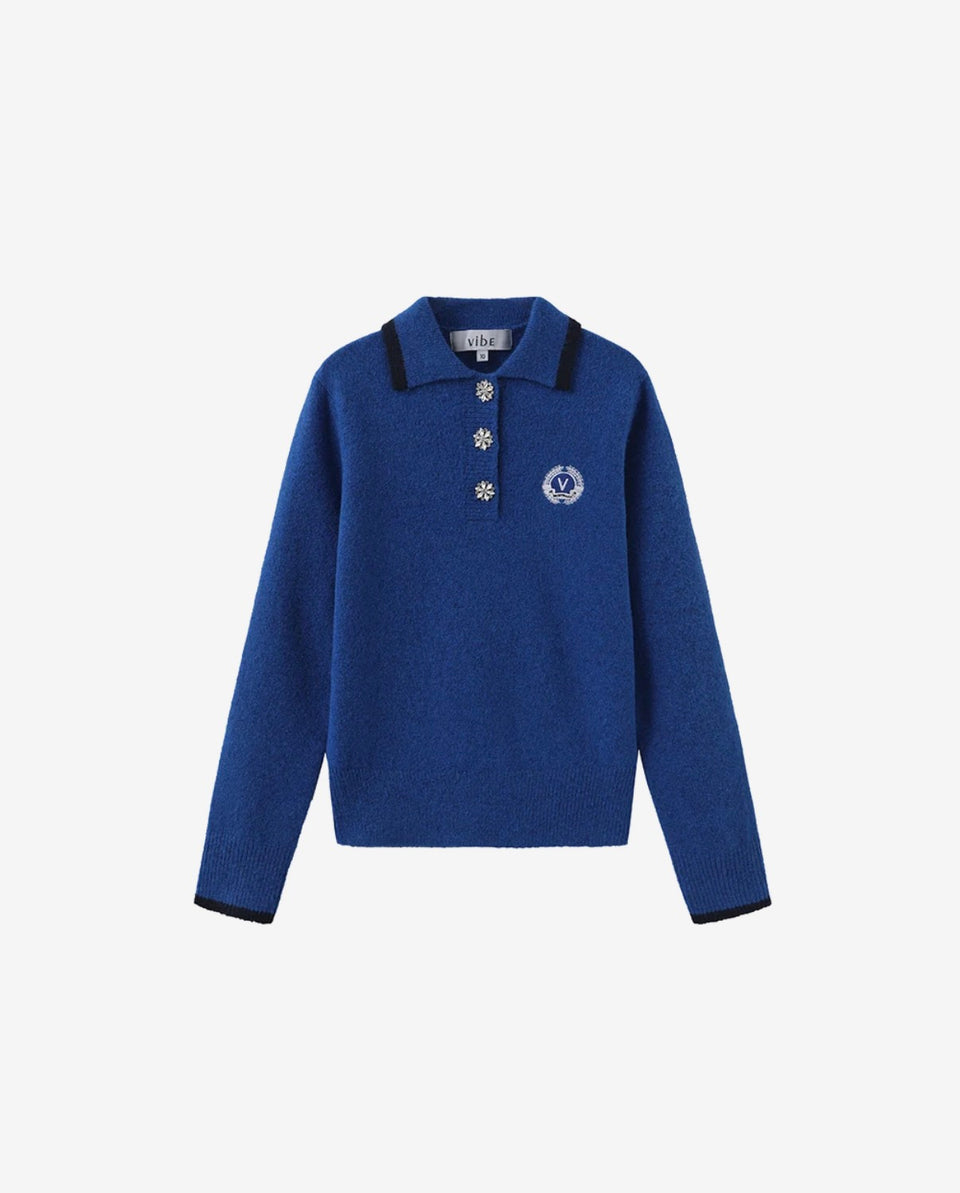 Blue Knit Collared Crest Sweater
