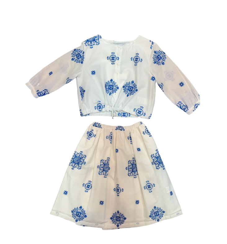 Piccola Ludo White & Blue Embroidered Crop Top Set