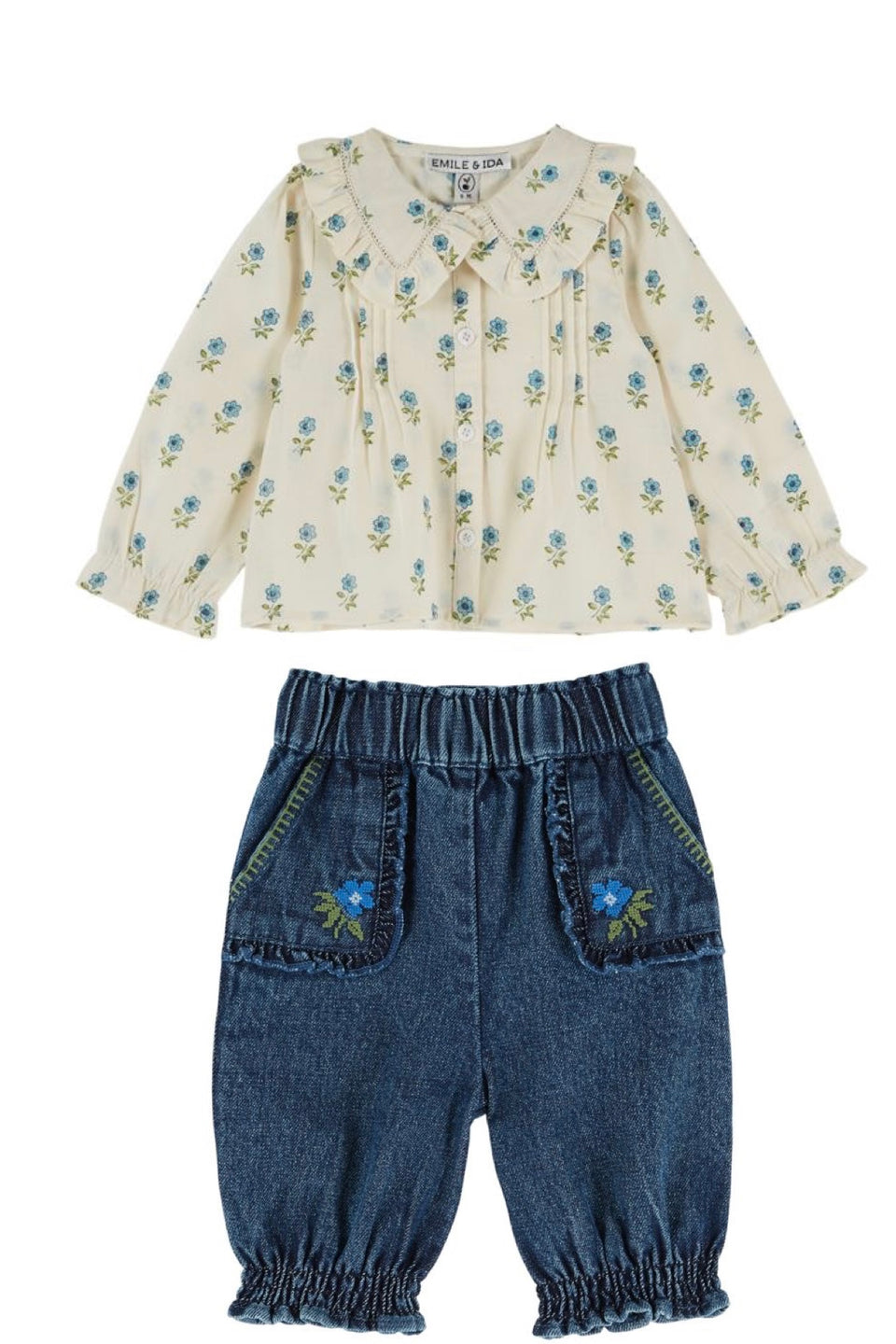Emile & Ida Denim Pants/Blue Floral Blouse Set