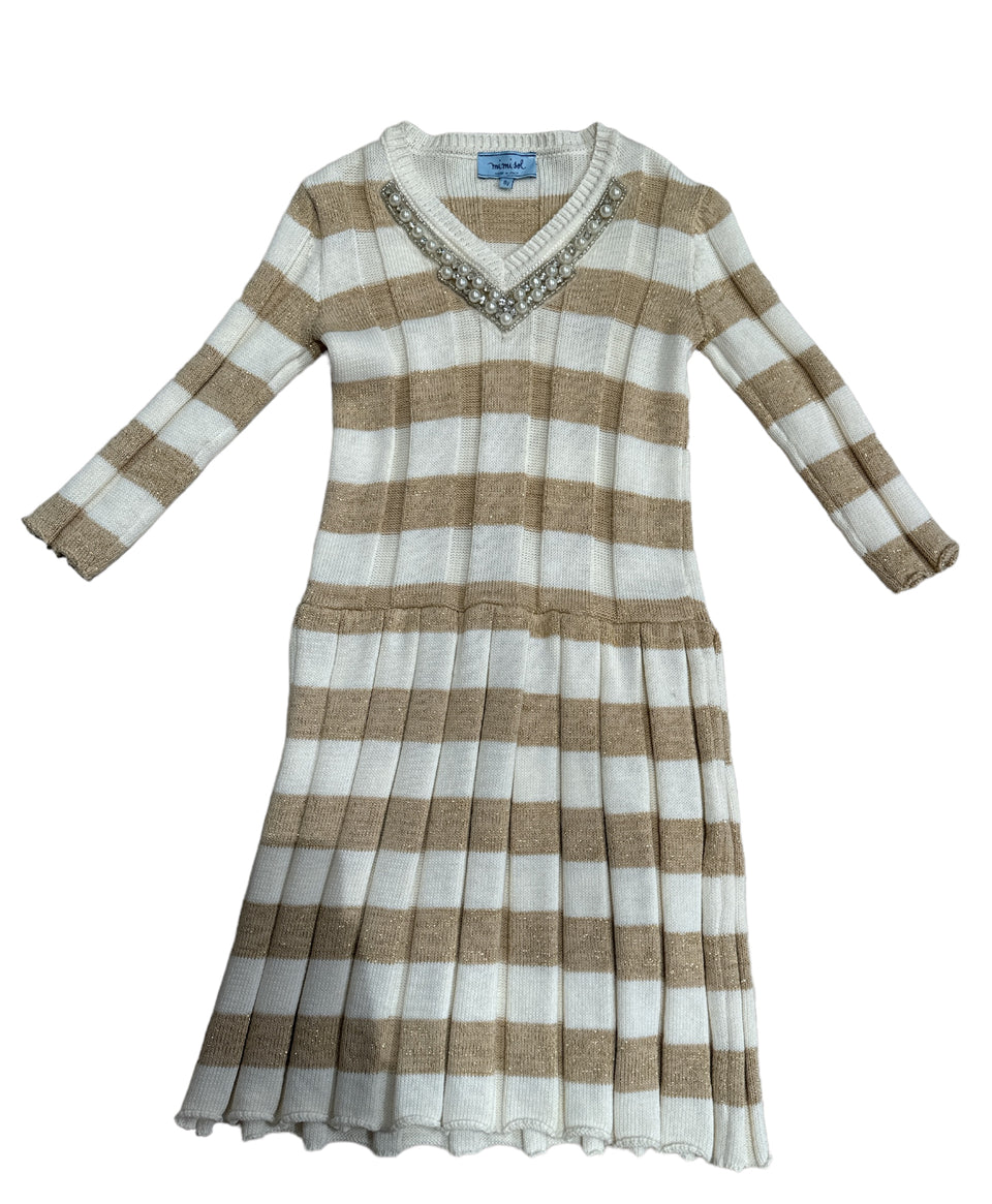 Mimisol Striped Knit Dress with Pearls - 3/4 Sleeves