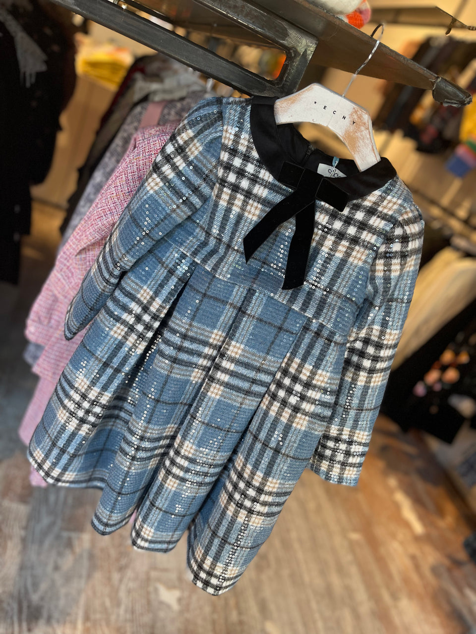 Alapage Sky Blue Tartan Sequin Angelica Dress w/ Velvet Bow