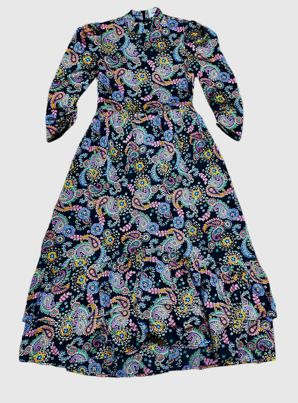 Chicas Paris Multicolored Paisley Silky Puff Sleeve Dress SIZE DOWN
