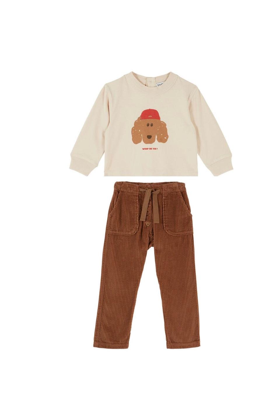 Emile & Ida Ecru Dog Sweater W/ Brown Pants Set