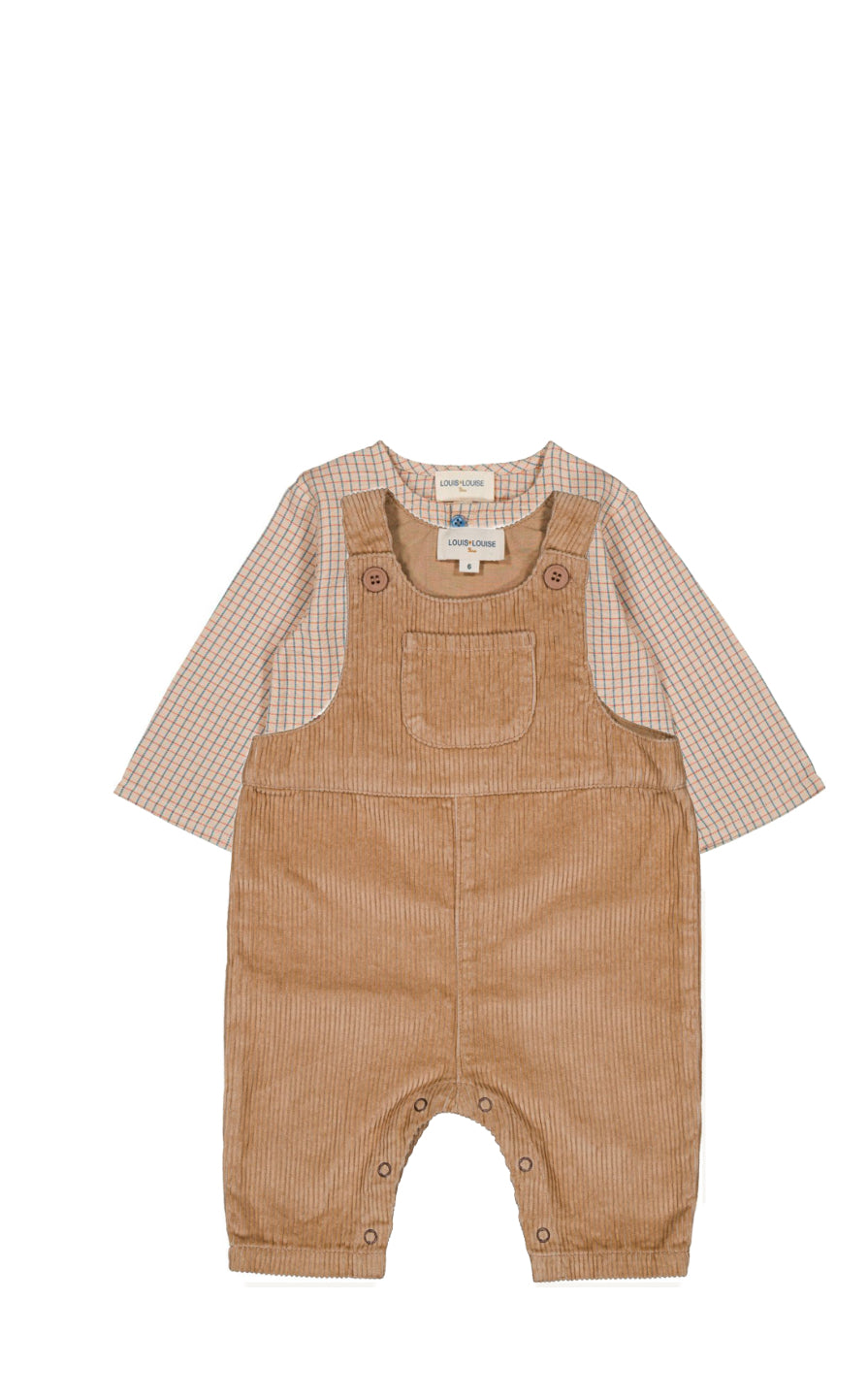 Louis Louise Beige Check Shirt w/ Corduroy Overall Set