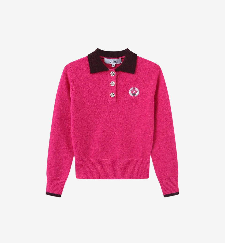 Pink Knit Collared Crest Sweater