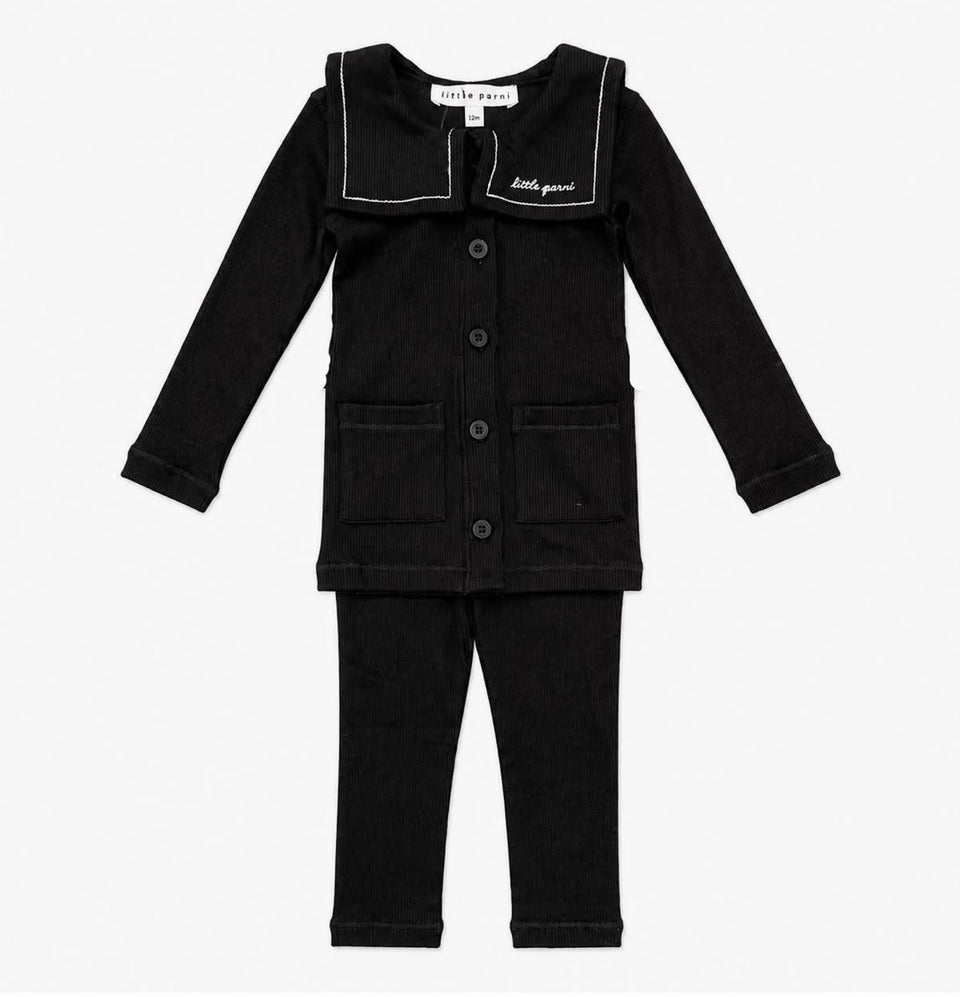 Little Parni Black Embroidered Collar Cardigan Set