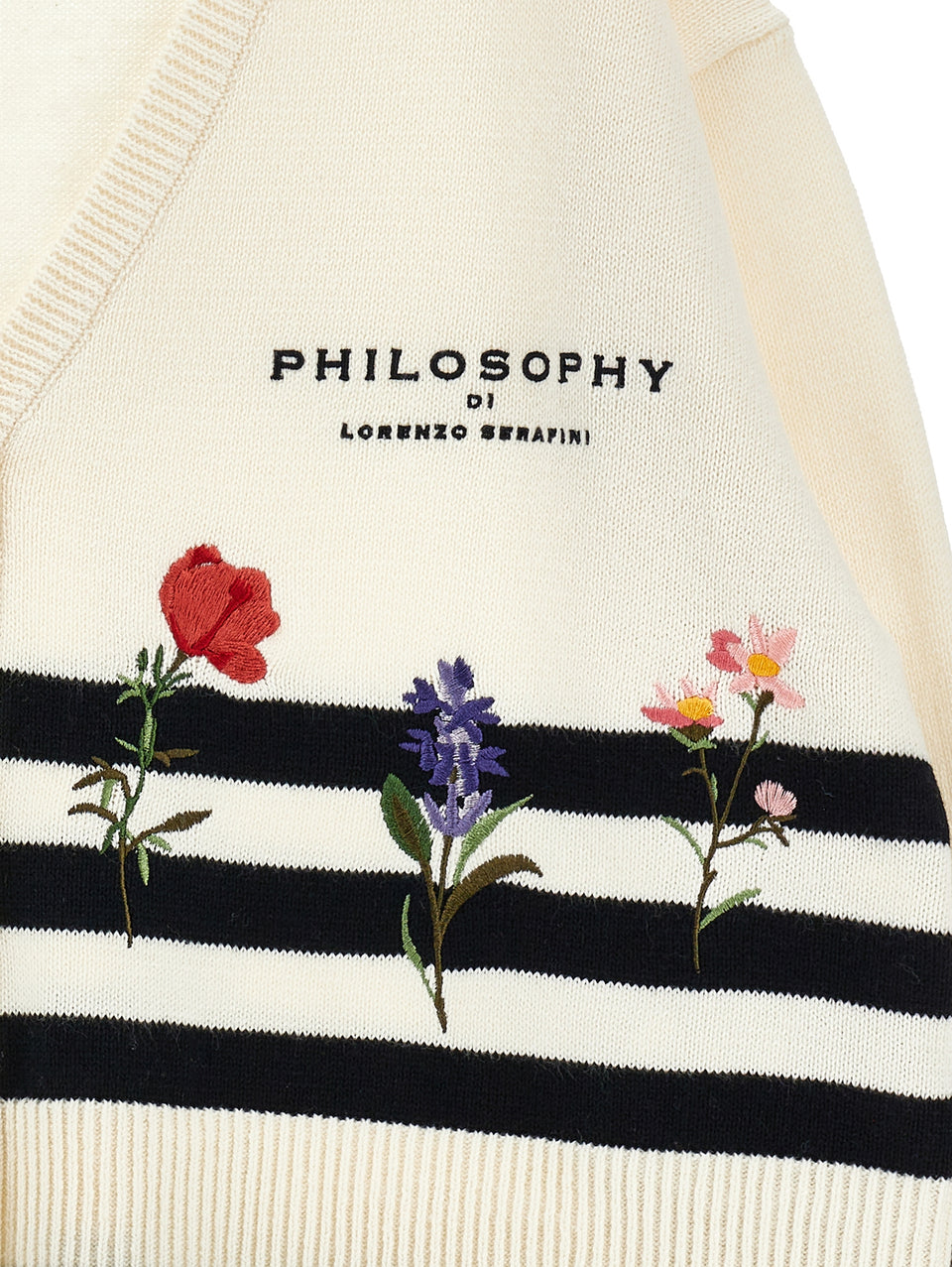 Philosophy Off White Striped Floral Embroidery Knit Cardigan
