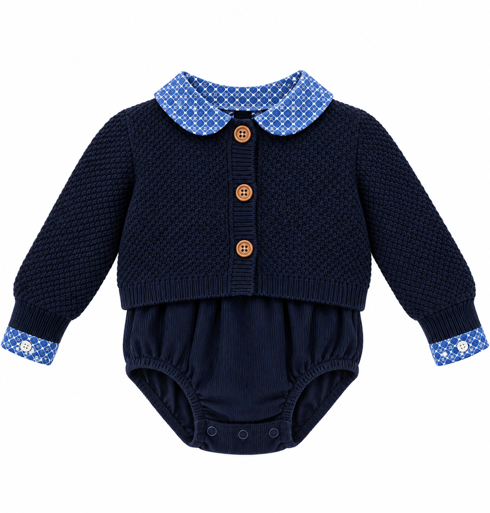 Secolo Navy Corduroy Cross-Strap 3pc Romper Set